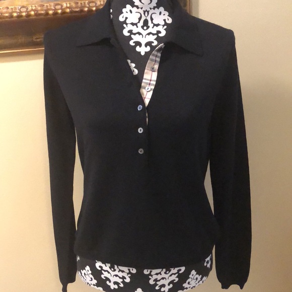 ✨Burberry Long sleeve collar partial buttoned classic plaid trim sweater - Picture 2 of 14